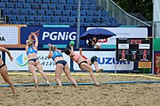 Deutsch: Beachhandball Europameisterschaften 2019 (Beach handball Euro); Tag 5: 6. Juli 2019 – Frauen, Platzierungsspiel für die Ränge 17–20, Nordmazedonien-Slowenien 0:2 (10:13, 9:15) English: Beach handball Euro; Day 5: 6 July 2019 – Placement Match/Cross Match for rank 17–20 Women – North Macedonia-Slovenia 0:2 (10:13, 9:15)