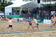 Deutsch: Beachhandball Europameisterschaften 2019 (Beach handball Euro); Tag 5: 6. Juli 2019 – Frauen, Platzierungsspiel für die Ränge 17–20, Nordmazedonien-Slowenien 0:2 (10:13, 9:15) English: Beach handball Euro; Day 5: 6 July 2019 – Placement Match/Cross Match for rank 17–20 Women – North Macedonia-Slovenia 0:2 (10:13, 9:15)