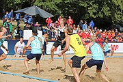 Deutsch: Beachhandball Europameisterschaften 2019 (Beach handball Euro); Tag 1: 2. Juli 2019 – Männer, Vorrunde Gruppe A, Deutschland-Norwegen 2:0 (22:14, 22:20) English: Beach handball Euro; Day 1: 2 July 2019 – Men Preliminary Round Group A – Germany-Norway 2:0 (22:14, 22:20)