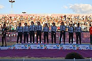 Deutsch: Beachhandball bei den Olympischen Jugendspielen 2018 in Buenos Aires; Tag 7, 13. Oktober 2018; Medaillenzeremonie Mädchen - Gold: Argentinien, Silber: Kroatien, Bronze: Ungarn English: Beach handball at the 2018 Summer Youth Olympics in Buenos Aires at 13 October 2018 – Medal Ceremony Girls - Gold: Argentina, Silver: Croatia, Bronze: Hungary Español: Handball de playa en los Juegos Olimpicos de la Juventud Buenos Aires 2018 en 13 de octubre de 2018 – Medalla Ceremonia para niñas - Oro: Argentina, Plata: Croacia, Bronce: Hungría