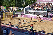 Deutsch: Beachhandball bei den Olympischen Jugendspielen 2018; Tag 3, 9. Oktober 2018; Jungs, Vorrunde, Gruppe B - Argentinien-Hongkong 2:0 English: Beach handball at the 2018 Summer Youth Olympics at 9 October 2018 – Girls Preliminary Round Group B – Argentina-Hing Kong 2:0