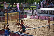 Deutsch: Beachhandball bei den Olympischen Jugendspielen 2018; Tag 3, 10. Oktober 2018; Mädchen, Vorrunde, Gruppe B - Niederlande-Argentinien 2:0 English: Beach handball at the 2018 Summer Youth Olympics at 10 October 2018 – Girls Preliminary Round Group B‎ – Netherlands-Argentina 2:0