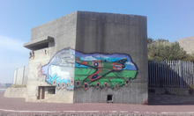 The Extended Defence Officer (EXDO) post, with modern mural. Beacon Hill Battery Harwich XDO Post 2020.png
