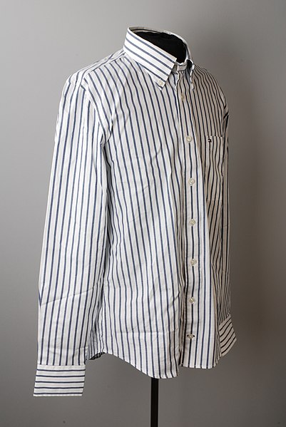 File:Blouse, merk Tommy Hilfiger, verticaal gestreept in kleuren wit en blauw, maat L, slim fit model, objectnr 86525.JPG