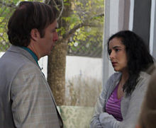 Bob Odenkirk as Saul Goodman on the set of Breaking Bad during the filming of the fourth season, with Emily Rios as Andrea Cantillo Bob Odenkirk and Emily Rios 2011 at Breaking Bad set.jpg