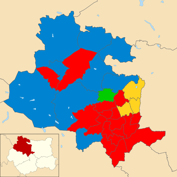Map of the results of the 2015 Bradford council election. Labour in red, Conservatives in blue, Liberal Democrats in yellow and Greens in green.