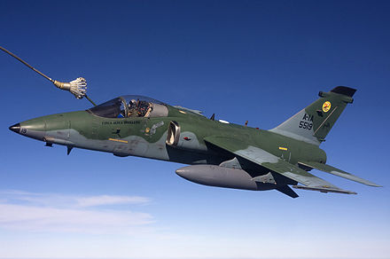 A Brazilian Air Force AMX conducts an in-flight air refueling