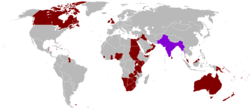 The British Empire is red on the map, at its zenith in 1921. (India highlighted in purple.) South Africa, bottom centre, lies between both halves of the Empire. British Empire 1921 IndianSubcontinent.png