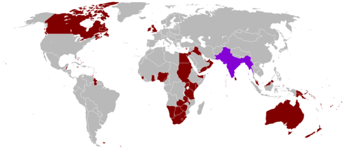 The British Empire is red on the map, at its zenith in 1921. (India highlighted in purple.) South Africa, bottom centre, lies between both halves of the Empire.