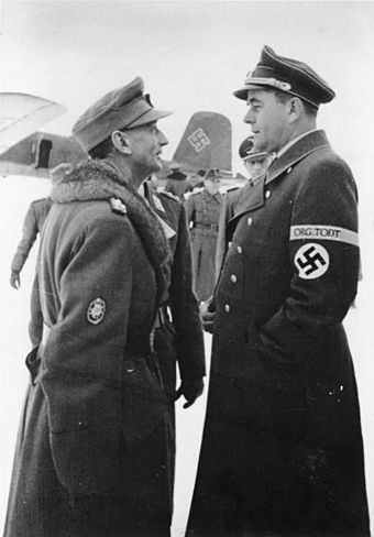 Speer (wearing Organisation Todt armband) and Wehrmacht general Eduard Dietl at Rovaniemi Airport in Finland, December 1943