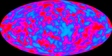 Variations in the temperature of the cosmic microwave background measured by the COBE satellite. The plane of the Milky Way Galaxy is horizontal across the middle of each picture. COBE cmb fluctuations.png