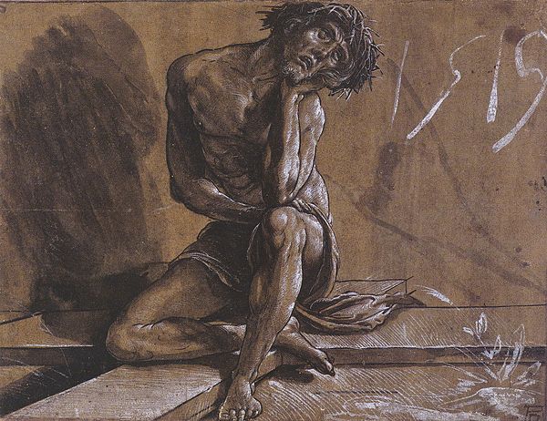 Christ at Rest, by Hans Holbein the Younger, 1519, a chiaroscuro drawing using pen, ink, and brush, washes, white heightening, on ochre prepared paper