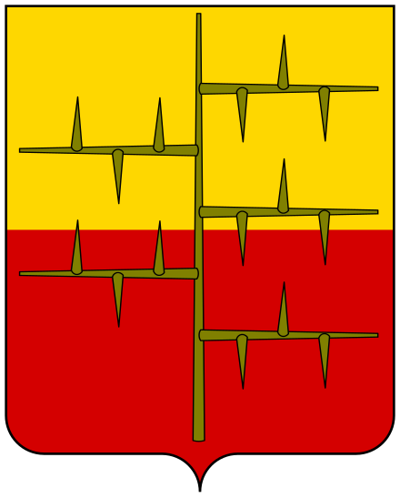 The original canting coat of arms of the Malaspina of the Spino Secco was "truncated in gold and red, with a dried thorn crossing it." Blazon: Parti per fess Or and Gules, a blackthorn (Prunus spinosa) erect branched Sable.These later canting arms are blazoned: Gules a lion rampant crowned Or, displaying a blackthorn (Prunus spinosa) branched Sable.