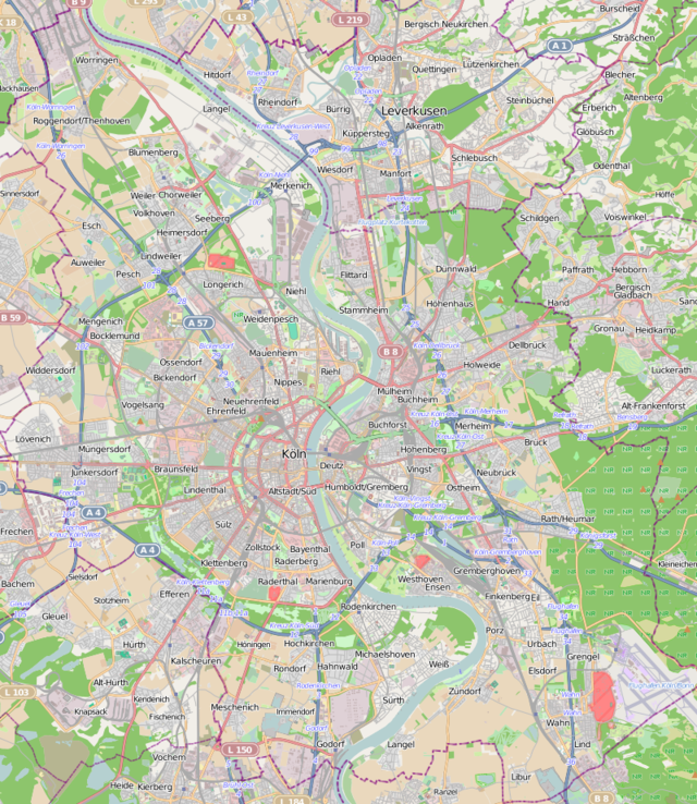 Mapa konturowa Kolonii, w centrum znajduje się punkt z opisem „Kościół Najświętszej Marii Pannyna Kapitolu w Kolonii”