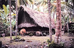 Traditional style structure with stone money indicating great wealth. The first stones were mined on Palau and carried by outrigger canoe some 450 kilometers (280 mi). Community house of Yorlap (Yap Islands) with stone money made in Palau NOAA.jpg