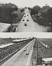 Deux photos superposées d'une longue ligne droite avec des voitures en compétition.