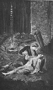 Mort d'Éponine dans les bras de Marius. Gravure d'après une illustration de Fortuné Méaulle.