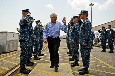 Secretary of Defense Chuck Hagel greets sailors at Kings Bay.