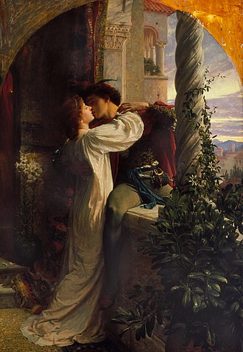 The clandestine meeting between Romeo and Juliet in Shakespeare's play. Painting by Sir Frank Dicksee, 1884