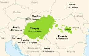 Regions of Central and Eastern Europe inhabited by Hungarian speakers today Dist of hu lang europe.svg