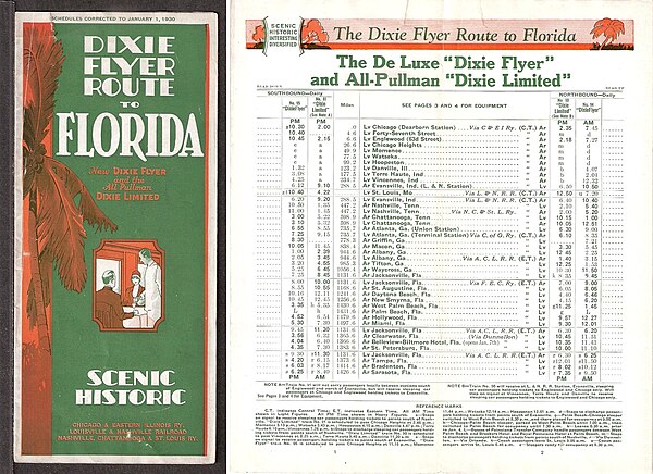 Dixie Route brochure with timetables for the Dixie Flyer and Dixie Limited, 1930.