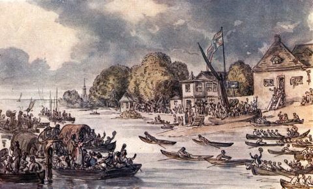 The Doggett's Coat and Badge, the oldest rowing race in the world, sees apprentice watermen competing on the River Thames. Above painting by Thomas Ro