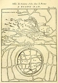 Maps of Tchang-chou-hien and Kia-ting-hien from Du Halde's 1735 Description of China, based on accounts by Jesuit missionaries.