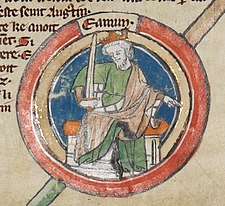 An illustrated manuscript drawing of Edmund wearing a green robe and a gold crown holding a sword