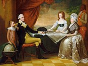 Washingtons Familie von Edward Savage, gemalt zwischen 1789 und 1796, zeigt (von links nach rechts): George Washington Parke Custis, George Washington, Eleanor Parke Custis, Martha Washington und einen versklavten Diener: wahrscheinlich William Lee oder Christopher Sheels.