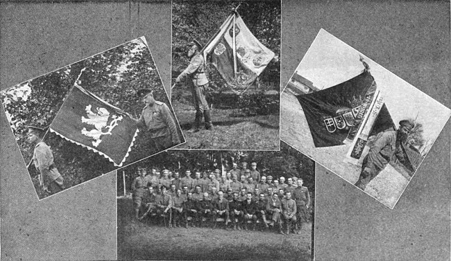 Flags of three regiments of the 1st Czechoslovak Brigade in Russia. Below officers of the First Regiment with Prof. Masaryk.