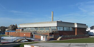 The eastern terminus of Tramocar services was Splash Point, an open air swimming pool (left of picture) on Brighton Road. Former Aquarena and Splash Point, Brighton Road, Worthing (April 2011).JPG