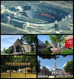 依次為吉列體育場、Memorial Hall、Patriot Place、sign in Foxborough、Congregational Church和the Orpheum Theatre