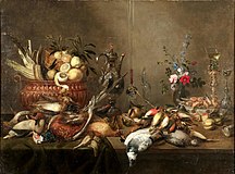 A large pronk still life with flowers, fruit and fowl