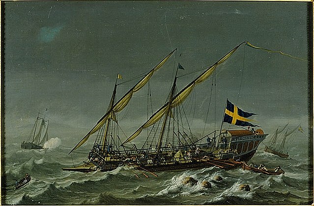 "1788 den 4:de November. Enligit Ordres Lättade Galleren Calmar, och skulle då gå ifrån Tvärmunde Redd till Åbo." Målning av Johan Tietrich Schoultz.