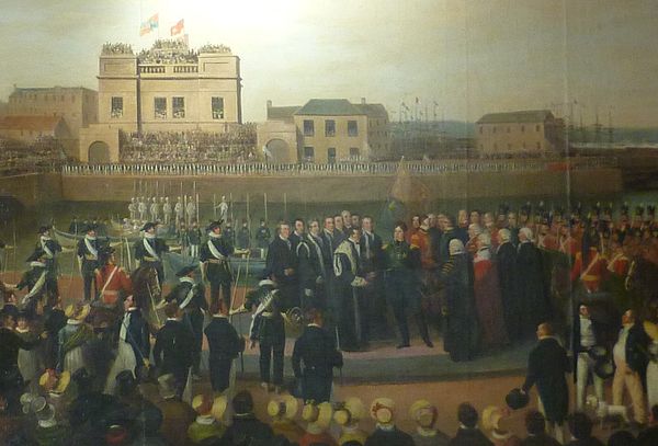 Detail from a painting by Alexander Carse showing the King landing at Leith, which remains hanging in Leith Town Hall.
