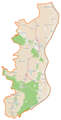 Mapa konturowa gminy Gniew, u góry nieco na lewo znajduje się punkt z opisem „Brody Pomorskie”