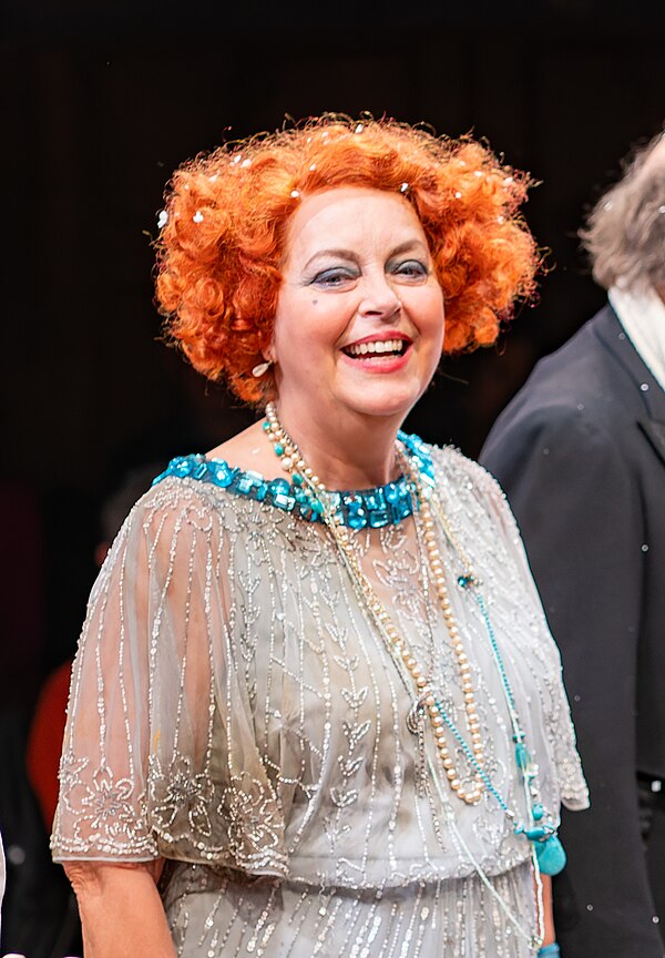 Scacchi as Mrs Hardcastle in a 2023 performance of She Stoops To Conquer