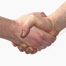In Western business cultures, a handshake when meeting someone is a signal of initial cooperation. Handshake (Workshop Cologne '06).jpeg