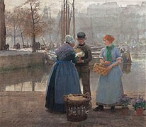 Peinture en couleurs représentant deux femmes et un homme sur le quai d'un port