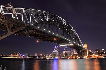 Sydney Opera House (lower left) and Harbour Bridge at night