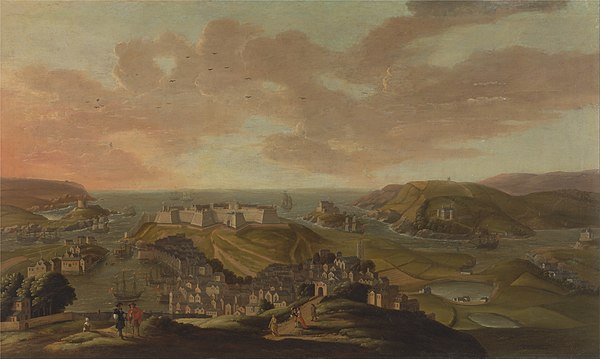 Oil painting of Plymouth, with Sutton Harbour to the left, by Hendrick Danckerts, 1673.