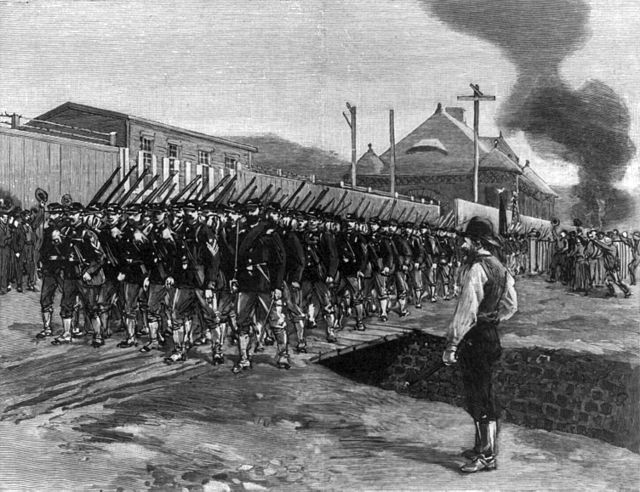 Troops of the 80th Regiment arriving in Homestead during the Homestead Strike of 1892