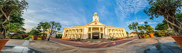 A panoramic view of the clock tower and its surroundings.