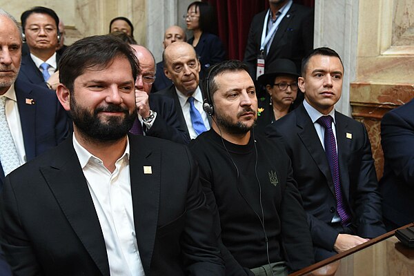 Noboa with Gabriel Boric and Volodymyr Zelenskyy at the inauguration of Javier Milei in December 2023