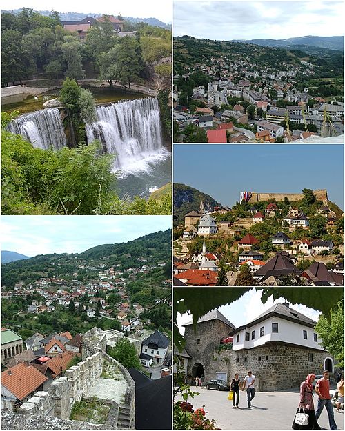 Clockwise from top: The Pliva Waterfall, Panoramic view of eastern Maršala Tita area from Jajce Fortress, Jajce Fortress and ancient area, Meadow Gate