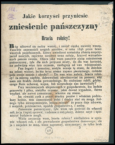 File:Jakie korzyści przyniesie zniesienie pańszczyzny - Bracia rolnicy! Inc. - Bóg ulitował się nędzy waszéj, i zniósł cięzką niewolę waszą. Panowie zapomnieli srogich mordów, w roku 1846 przez braci waszych... (60638801).jpg