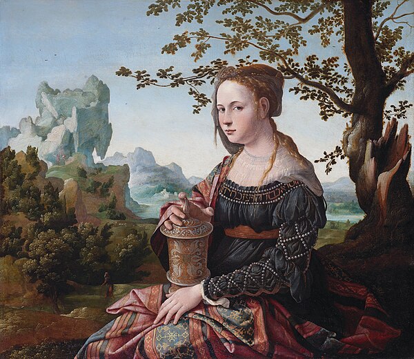 Mary Magdalene is traditionally depicted with a vessel of ointment, in reference to the Anointing of Jesus.