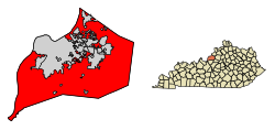 右：ケンタッキー州におけるジェファーソン郡の位置 左：ジェファーソン郡におけるルイビルの市域の位置図