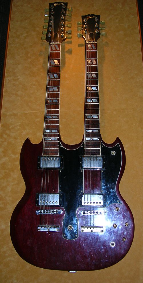 A Gibson EDS-1275 similar to this was used for live performances of "Stairway to Heaven". The stop bars on the actual guitar were farther from the bri