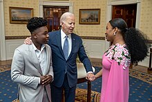 President Joe Biden greets cast members Jalyn Hall and Chukwu before a screening of the movie Till on February 16, 2023, in the Blue Room of the White House Joe Biden in 2023 - P20230216CS-0130 04.jpg